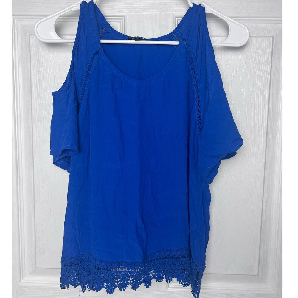 Dee Elly Blouse Shoulder Cut Outs Lace Detail Blue Size Small